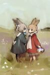  2girls :o absurdres animal_ears basket blue_eyes bow bowtie brown_hair commentary_request dress field flower full_body grey_sky highres holding holding_basket holding_flower looking_at_another multiple_girls original outdoors partial_commentary purple_flower rabbit_ears rabbit_girl red_dress red_eyes shirokujira short_hair signature sky two_side_up white_bow white_bowtie 
