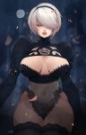 1girl 2b_(nier:automata) adapted_costume alternate_costume alternate_eye_color artist_name black_background breasts cleavage cleavage_cutout clothing_cutout emmanuel_viola hair_over_one_eye large_breasts leotard lips long_sleeves looking_at_viewer navel nier:automata nier_(series) parted_lips red_eyes revealing_clothes solo thick_thighs thighhighs thighs white_hair wide_hips 