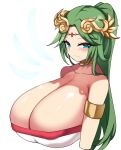 1girl bare_shoulders blue_eyes breasts collarbone gigantic_breasts green_hair headdress highres kid_icarus long_hair looking_at_viewer low_neckline palutena ponytail simple_background solo tiamat_(momokuri_mannen) upper_body white_background 