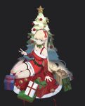  1girl absurdres alternate_costume arm_support belt black_background black_belt blonde_hair blue_archive blue_bow blue_eyes bow box braid breasts chinese_commentary chise_(jwhh123) christmas christmas_tree cleavage closed_mouth collarbone fishnet_thighhighs fishnets gift gift_box hair_bow hairband highres long_hair looking_at_viewer medium_breasts red_bow santa_costume simple_background sitting thighhighs toki_(blue_archive) v 