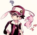  1boy ? backpack bag baseball_cap black_bag black_shirt blush_stickers brown_eyes closed_eyes colored_skin confused floating hand_to_own_mouth hand_up hat high_collar jacket laughing male_focus mew_(pokemon) mgomurainu open_clothes open_jacket pink_skin pokemon pokemon_(creature) pokemon_rgby raised_eyebrow red_(pokemon) red_headwear red_jacket shirt short_sleeves simple_background sweatdrop upside-down yellow_background 