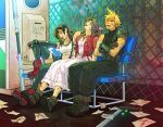  1boy 2girls aerith_gainsborough bench black_hair black_thighhighs blonde_hair boots bri_(brigriv) brown_hair buster_sword cloud_strife crop_top cropped_jacket dirty dress exhausted fence final_fantasy final_fantasy_vii final_fantasy_vii_remake head_back jacket mage_staff materia multiple_girls pink_dress red_jacket sitting sleeveless sleeveless_turtleneck suspenders sweat thighhighs tifa_lockhart tongue tongue_out turtleneck 