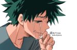  1boy absurdres blue_shirt boku_no_hero_academia crying crying_with_eyes_open freckles green_eyes green_hair highres looking_to_the_side male_focus midoriya_izuku multicolored_hair parted_lips ruttika_shin shirt solo tears twitter_username two-tone_hair white_background 