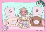  &gt;_&lt; 3girls :d ^_^ blue_eyes blunt_bangs border brown_hair cake chef_hat chibi chibi_inset claw_pose closed_eyes commentary_request facing_viewer fang flying_sweatdrops food green_hair hands_up hat idol_clothes long_hair manaka_non multiple_girls open_mouth pink_border pretty_series pripara purple_hair rituyama1 short_hair side_ponytail smile standing stuffed_animal stuffed_toy taiyo_pepper trembling tsukikawa_chili two_side_up v-shaped_eyebrows worried 