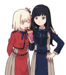  2girls :t bangs belt black_hair blonde_hair blue_coat bow bowtie closed_eyes coat collared_shirt crepe dou_(mame_eee) food hand_on_another&#039;s_shoulder hand_up highres holding holding_food inoue_takina long_hair long_sleeves lycoris_recoil multiple_girls nishikigi_chisato open_mouth purple_eyes red_coat shirt short_hair simple_background upper_body white_background white_shirt 