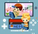  2boys baseball_cap black_hair blonde_hair blue_shorts blush_stickers brown_footwear d-pad floating handheld_game_console hat hitofutarai lucas_(mother_3) magicant male_focus mobile_sprout mother_(game) mother_2 mother_3 multiple_boys ness_(mother_2) nintendo_3ds open_mouth outstretched_arms power_symbol red_headwear shirt short_hair shorts sitting solid_oval_eyes spread_arms striped striped_shirt super_smash_bros. ufo 