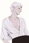  1boy alvab00 astarion baldur&#039;s_gate baldur&#039;s_gate_3 closed_mouth collarbone dungeons_and_dragons highres looking_at_viewer male_focus open_clothes pectoral_cleavage pectorals pointy_ears profile red_eyes shirt short_hair sideways_glance simple_background solo upper_body white_background white_hair white_shirt 