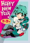 1boy 2020 absurdres agehrak armor bodysuit boku_no_hero_academia boots bruise eating freckles from_above gloves green_bodysuit green_eyes green_hair happy_new_year highres injury looking_at_viewer male_focus midoriya_izuku multicolored_background new_year pouch short_hair sitting superhero 