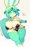  2023 4_fingers anthro big_breasts blush breasts camel_toe claws cleavage clothed clothing countershading cute_fangs digital_media_(artwork) dipstick_tail emerald_(gem) female female_anthro finger_claws fingers forehead_gem fur gem green_body green_fur green_hair hair hi_res huge_breasts hybrid japanese_text kemono lagomorph leporid looking_at_viewer mammal markings multicolored_body multicolored_fur mythological_carbuncle mythology okiai_umi pawpads paws rabbit short_stack solo tail tail_markings text thick_thighs translation_request two_tone_body two_tone_fur white_body white_fur wide_hips 