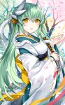  1girl alternate_costume alternate_hairstyle animal animal_on_shoulder aqua_kimono blue_fire cherry_blossoms commentary_request dragon_horns dragon_tail fate/grand_order fate_(series) fire folding_fan green_hair hair_between_eyes hair_ornament hand_fan holding holding_fan horns japanese_clothes kimono kiyohime_(fate) long_hair looking_at_viewer morizono_shiki petals ponytail smile snake tail two-tone_kimono very_long_hair white_horns white_kimono white_snake wide_sleeves yellow_eyes 