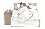  1girl alarm_clock blanket chibi clock closed_eyes closed_mouth commentary english_commentary fire_emblem fire_emblem_awakening green_hair hair_ornament long_hair lying on_bed pointy_ears sakuremi sleeping smile solo tiki_(adult)_(fire_emblem) tiki_(fire_emblem) under_covers white_background 