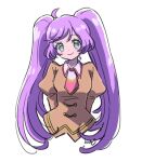  1girl ahoge brown_shirt closed_mouth collared_shirt cropped_torso green_eyes juliet_sleeves long_hair long_sleeves looking_at_viewer manaka_laala pretty_series pripara puffy_sleeves purple_hair rituyama1 school_uniform shirt signature simple_background smile solo twintails upper_body very_long_hair white_background white_shirt 
