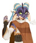  2022 absurd_res anthro cloak clothed clothing digital_media_(artwork) female green_eyes hi_res horn kobold looking_at_viewer open_mouth purple_body solo toony wanderertamplior 