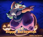 2023 anthro belly big_breasts breasts capcom cosplay darkstalkers digital_media_(artwork) ellie_(xxsparcoxx) female food fruit fur green_hair hair halloween hand_behind_head hi_res holidays huge_breasts huge_thighs jack-o&#039;-lantern mammal morrigan_aensland multicolored_body multicolored_fur night obese obese_anthro obese_female overweight overweight_anthro overweight_female plant pumpkin rodent sciurid solo thick_thighs tree tree_squirrel two_tone_body two_tone_fur xxsparcoxx