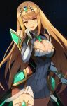  1girl :p black_thighhighs blonde_hair breasts circlet cleavage cleavage_cutout closed_mouth clothing_cutout core_crystal_(xenoblade) cowboy_shot dress elbow_gloves gloves highres labebebe_lee large_breasts long_hair looking_at_viewer mythra_(xenoblade) simple_background smile solo swept_bangs thigh_strap thighhighs tongue tongue_out very_long_hair white_dress white_gloves xenoblade_chronicles_(series) xenoblade_chronicles_2 yellow_eyes 