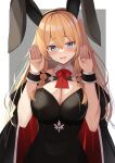  1girl animal_ears bangs black_cape black_hairband blonde_hair blue_eyes blush bow bowtie braid breasts bunny_pose cape cleavage commentary_request detached_collar dress embarrassed fake_animal_ears hair_between_eyes hair_over_shoulder hairband hands_up head_tilt highres large_breasts light_particles long_hair looking_at_viewer mahcdai open_mouth original outstretched_hand rabbit_ears red_bow red_bowtie red_cape red_dress shiny_hair side_braids solo two-tone_cape wavy_mouth wrist_cuffs 