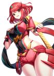 1girl :d aegis_sword_(xenoblade) black_gloves blush breasts chest_jewel commentary_request fingerless_gloves gloves highres large_breasts looking_at_viewer pyra_(xenoblade) red_eyes red_hair red_shorts ririko_(zhuoyandesailaer) short_hair short_shorts short_sleeves shorts smile solo swept_bangs sword thighhighs thighs tiara weapon xenoblade_chronicles_(series) xenoblade_chronicles_2 