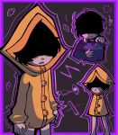  black_hair black_shirt border disembodied_eye grey_background highres little_nightmares m4carunes medjed_(mythology) musical_note no_pants open_mouth purple_border raincoat shaded_face shirt six_(little_nightmares) treble_clef 