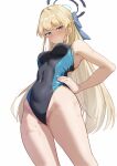  1girl absurdres aqua_one-piece_swimsuit black_one-piece_swimsuit blonde_hair blue_archive blue_bow blue_eyes bow breasts competition_swimsuit covered_navel female_pubic_hair from_below hair_bow halo highleg highleg_swimsuit highres long_hair looking_at_viewer medium_breasts one-piece_swimsuit pubic_hair pubic_hair_peek simple_background solo standing swimsuit toki_(blue_archive) two-tone_one-piece_swimsuit very_long_hair white_background whitek 