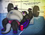 anthro barbell belly big_belly black_body bodily_fluids dragon exercise gym lukoi male obese overweight overweight_male scalie solo sweat tail weightlifting winged_dragon wings workout zael