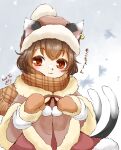  1226_waka 1girl animal_ear_piercing animal_ears blush brown_hair capelet cat_ears cat_tail chen closed_mouth coat dated fur-trimmed_capelet fur-trimmed_coat fur-trimmed_gloves fur-trimmed_headwear fur-trimmed_skirt fur-trimmed_sleeves fur_trim gloves gradient_background grey_background hands_up hat highres hoop_piercing jewelry looking_at_viewer mittens multiple_tails nekomata plaid plaid_scarf pom_pom_(clothes) red_eyes red_ribbon ribbon scarf simple_background skirt snow_on_face snowflakes solo tail touhou two_tails upper_body 
