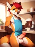 absurd_res anthro apron aroused balls beverage blue_apron blue_eyes brown_body brown_fur canid canine clothed clothing coffee coffee_shop denim detailed detailed_background detailed_eyes erection fox fur genitals girly hair hi_res holding_coffee_mug humanoid_genitalia humanoid_penis looking_at_viewer male mammal morning penis red_hair skimpy smug_face solo standing two_color_fur white_body white_fur yakukage yellow_body