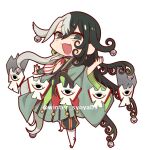  1boy :3 artist_name ashiya_douman_(fate) asymmetrical_clothes asymmetrical_hair bell black_hair chibi curly_hair earrings fang fate/grand_order fate_(series) full_body green_eyes green_kimono hadanugi_dousa hair_bell hair_between_eyes hair_ornament hand_up japanese_clothes jewelry kimono long_hair looking_at_viewer magatama magatama_earrings male_focus multicolored_hair open_clothes open_kimono open_mouth outstretched_arm red_footwear sabamiso_shoya shikigami shoes simple_background socks solo split-color_hair twitter_username two-tone_hair very_long_hair white_background white_hair white_socks wide_sleeves 
