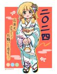  2024 bag blonde_hair color_guide frog hair_ornament handbag highres japanese_clothes kimono moriya_suwako new_year obi okobo open_mouth ramudia_(lamyun) sandals sash touhou yellow_eyes yukata 