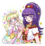  2girls :d blonde_hair blunt_bangs bow commentary_request cosplay costume_switch crown dress fur-trimmed_dress fur_trim hair_bow hanazono_shuka hands_on_own_cheeks hands_on_own_face hands_up idol_clothes idol_time_pripara long_hair looking_at_viewer multiple_girls open_mouth pink_bow ponytail pretty_series pripara purple_eyes purple_hair red_bow ringlets rituyama1 short_sleeves simple_background smile sparkle standing star_(symbol) star_print two_side_up upper_body white_background yumekawa_yui 