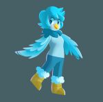2016 absurd_res anthro avian beak biped bird blue_body blue_bottomwear blue_clothing blue_eyes blue_feathers blue_hair blue_pants bottomwear clothed clothing emmalume_(artist) feathers female hair hi_res martlet_(undertale_yellow) official_art open_mouth open_smile pants simple_background smile solo standing undertale_(series) undertale_yellow winged_arms wings yellow_beak