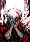  1boy artist_name bangs black_background black_sclera blood blood_on_face bug colored_sclera hands_on_own_face hands_up heterochromia highres kaneki_ken male_focus red_eyes shirt short_hair solo teeth tokyo_ghoul upper_body yourfreakyneighbourh 