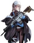  1girl baseball_cap blonde_hair blue_gloves blush closed_mouth cowboy_shot girls&#039;_frontline gloves gun hat highres holding holding_gun holding_weapon kitsune_udon_(ai_br) looking_at_viewer medium_hair purple_eyes rifle scar-h_(girls&#039;_frontline) simple_background sniper_rifle solo standing turtleneck_bodysuit weapon white_background white_headwear 