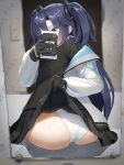  1girl ass ass_focus black_gloves blue_archive cellphone clothes_lift covered_face gloves highres holding holding_phone hoyhoy_colo jacket jacket_partially_removed lifted_by_self long_hair looking_at_mirror mirror panties pantyshot phone pov purple_hair selfie sitting skirt skirt_lift smartphone suit triangle_hair_ornament two-sided_fabric two-sided_jacket two_side_up underwear white_panties yuuka_(blue_archive) 