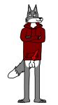 animal_genitalia animal_penis anthro balls bottomless canine_genitalia canine_penis clothed clothing crossed_arms flusacka fur genitals grey_body grey_fur hi_res hoodie hoodie_only knot male penis red_clothing red_hoodie red_topwear smug solo standing topwear topwear_only white_body white_fur wolfguy_(flusacka)