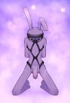 anthro ball_gag balls bdsm blindfold blush bodily_fluids bondage bound foreskin fur gag gagged genitals glans glitch_productions half-erect hi_res jax_(the_amazing_digital_circus) kneeling lagomorph leporid male mammal mostly_nude paninize penis purple_body purple_fur rabbit restraints rope rope_bondage rope_harness solo sweat the_amazing_digital_circus vein veiny_penis