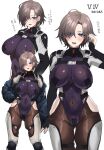  1girl adjusting_hair ahoge armored_core armored_core_6 blue_eyes bodysuit breasts brown_hair commentary_request genderswap genderswap_(mtf) hand_on_own_hip highres hominamia jacket large_breasts mole mole_under_eye pilot_suit short_hair smile solo translation_request v.iv_rusty 