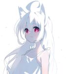  1girl ahoge animal_ears closed_mouth collarbone dress fang flat_chest highres long_hair looking_at_viewer meito_(maze) original red_eyes simple_background skin_fang sleeveless sleeveless_dress solo upper_body white_background white_dress white_hair 