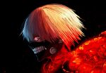  1girl black_background black_sclera colored_sclera from_side grey_hair hair_between_eyes kagune_(tokyo_ghoul) kaneki_ken monohoshi profile red_eyes short_hair solo teeth_print tokyo_ghoul 