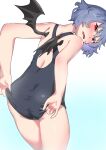  1girl adjusting_clothes ass bare_shoulders bat_wings black_one-piece_swimsuit blue_background blue_hair blush commentary_request cowboy_shot from_behind frown gradient_background highres leaning_forward one-piece_swimsuit open_mouth red_eyes remilia_scarlet short_hair sobayu_to_tenpura solo sweat swimsuit touhou white_background wings 