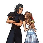  1boy 1girl aerith_gainsborough armor baggy_pants bare_arms bare_shoulders belt black_gloves black_hair blue_eyes brown_hair classystaches commentary couple cowboy_shot crisis_core_final_fantasy_vii crossed_arms dress english_commentary eye_contact final_fantasy final_fantasy_vii flower gloves hair_ribbon hair_slicked_back height_difference holding holding_flower long_hair looking_at_another multiple_belts pants parted_bangs parted_lips pink_ribbon profile ribbon shoulder_armor sidelocks sleeveless sleeveless_dress sleeveless_turtleneck smile spiked_hair sweater turtleneck turtleneck_sweater twitter_username white_background yellow_flower zack_fair 