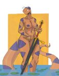 2023 anthro areola big_breasts blue_areola blue_nipples blue_pussy breasts burmese_python digital_media_(artwork) female genitals hi_res holding_object holding_weapon lily_pad long_tail melee_weapon nipples nude nude_anthro nude_female orange_body partially_submerged plant pussy reptile scalie snake solo spots spotted_body standing standing_in_water sword tail thick_thighs vanessa_(zed-s) weapon zed-s