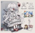  absurdres ahoge animal blood blood_bag blush_stickers commission crayon creature cross drawing dress eyepatch highres lolita_fashion long_hair looking_at_viewer medical_eyepatch meyou_0319 original red_eyes red_footwear sitting solo very_long_hair wheelchair white_dress white_hair 