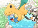  animal_focus aomon_(yuuji7604) bagon beak bird blue_skin brown_eyes closed_mouth colored_skin commentary dragon dragon_wings dragonite from_above highres no_humans open_mouth orange_skin pokemon pokemon_(creature) staravia starly symbol-only_commentary tail water wings 