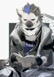 anthro arknights book candy dessert food hi_res hypergryph l0sskim lollipop male reading reading_book simple_background sitting solo spot_(arknights) studio_montagne white_background