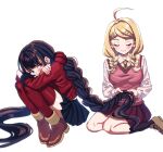  2girls ahoge akamatsu_kaede alternate_hairstyle black_skirt blush braid breasts collared_shirt danganronpa_(series) danganronpa_v3:_killing_harmony earrings esu_(tasoesu) hair_ornament hair_scrunchie harukawa_maki highres jewelry knees_up large_breasts long_hair miniskirt multiple_girls musical_note musical_note_hair_ornament necktie orange_necktie pink_vest purple_skirt red_thighhighs scrunchie shirt shoes simple_background skirt thighhighs twin_braids twintails vest white_background white_shirt 