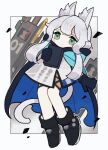  1girl animal_ear_fluff animal_ears arknights bangs black_cape black_footwear black_gloves blush_stickers boots cape closed_mouth dress eyebrows_hidden_by_hair full_body gloves green_eyes grey_hair highres holding hood hood_down hooded_cape rosmontis_(arknights) solo someyaya thick_eyebrows white_dress 