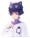  1boy alternate_costume animal_ears animal_hat cabbie_hat cat_hat commentary contemporary cropped_torso fake_animal_ears genshin_impact hair_between_eyes hat long_sleeves male_focus open_mouth parted_lips purple_eyes purple_hair purple_headwear scaramouche_(cat)_(genshin_impact) scaramouche_(genshin_impact) shirt short_hair solo symbol-only_commentary toromappo watermark white_background white_shirt 