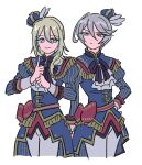  1boy 1girl ascot blonde_hair blue_hair blue_jacket bow closed_mouth cosplay cowboy_shot cropped_legs crown green_eyes grey_hair hair_between_eyes hand_on_own_hip idol_land_pripara jacket juliet_sleeves long_hair long_sleeves looking_at_another looking_at_viewer mini_crown multicolored_hair neck_ribbon pants pretty_series pripara puffy_sleeves red_bow ribbon rituyama1 sash shikyoin_hibiki shikyoin_hibiki_(cosplay) short_hair simple_background smile standing streaked_hair ushimitsu_(pripara) white_ascot white_background white_pants 