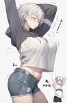  1girl age_progression arms_up breasts denim denim_shorts hood hoodie kurono_mitsuki large_breasts midriff navel original short_hair shorts stretching white_hair white_hoodie 