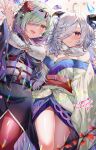  2girls absurdres ahoge alternate_costume breasts cleavage commentary_request crystal eitr_(fire_emblem) fire_emblem fire_emblem_heroes flower goat_horns hair_flower hair_ornament hair_over_one_eye highres horns japanese_clothes kimono kvasir_(fire_emblem) kvasir_(unknown_future)_(fire_emblem) leggings medium_breasts multiple_girls official_alternate_costume red_leggings short_hair signature yam_(yamap_mako) 
